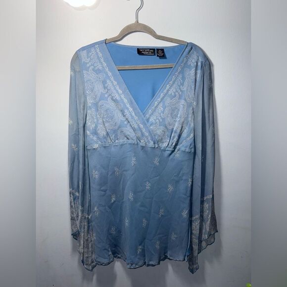 New York City Design Co Blue BOHO Fairy whimsical Silk Tunic Blouse VTG L EUC - Picture 1 of 8